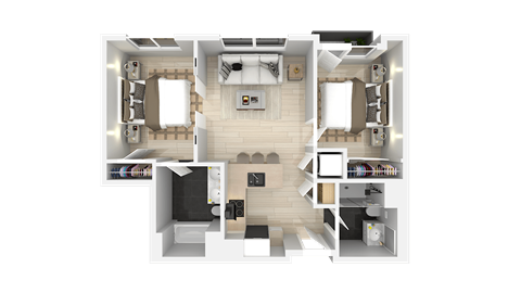 A top-down view of a house layout with a living room, kitchen, dining area, and bedrooms.